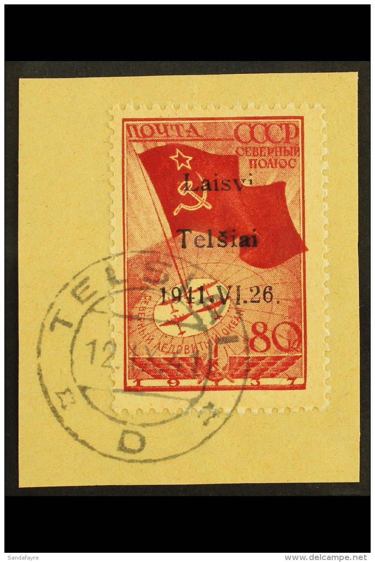 TELSIAI (TELSCHEN) 1941 80k Bright Scarlet &amp; Carmine-red North Pole Flight With "Laisvi Telsiai" Local... - Andere & Zonder Classificatie