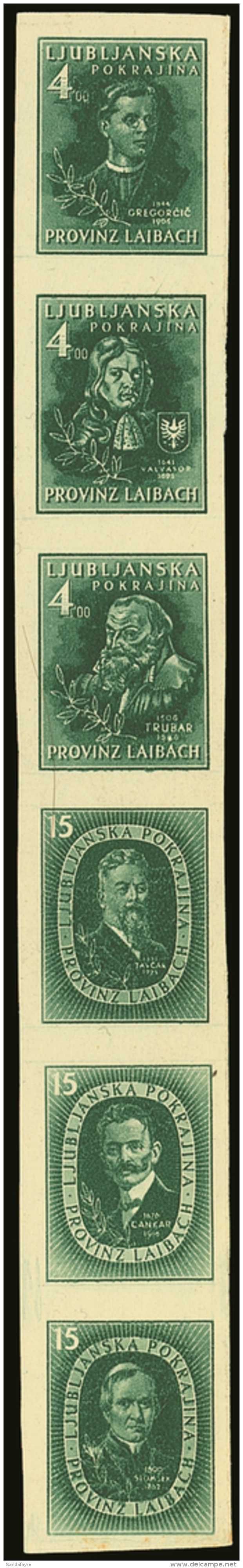 SLOVENIA (LAIBACH) 1945 Unissued Portraits Imperf SE-TENANT VERTICAL STRIP Of 6 Printed In Green, Michel I/VI B... - Other & Unclassified