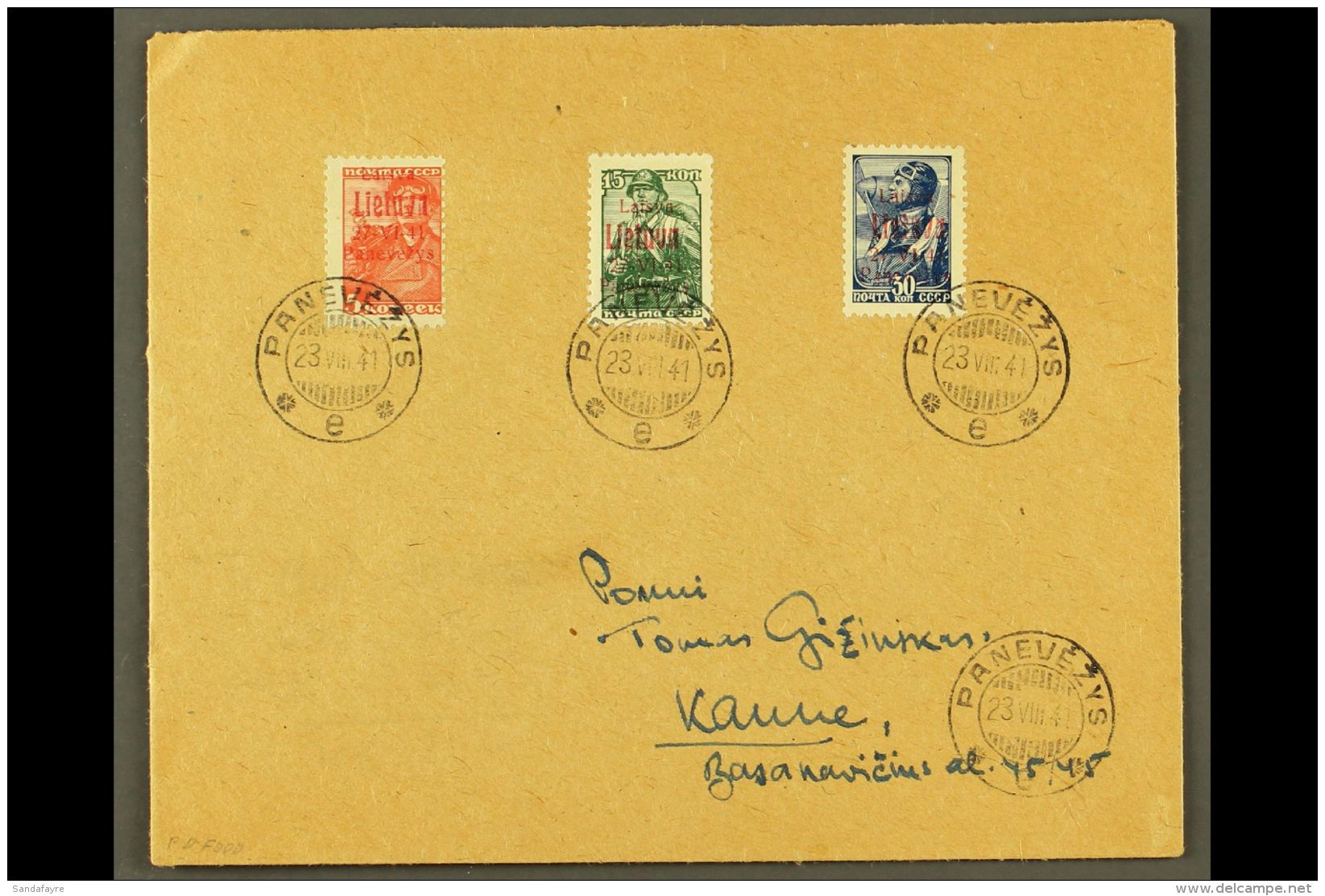 PANEVEZYS (PONEWESCH) 1941 (23 Aug) Cover Bearing 5k, 15k &amp; 30k Stamps With "Lietuva Panevezys" Local... - Andere & Zonder Classificatie