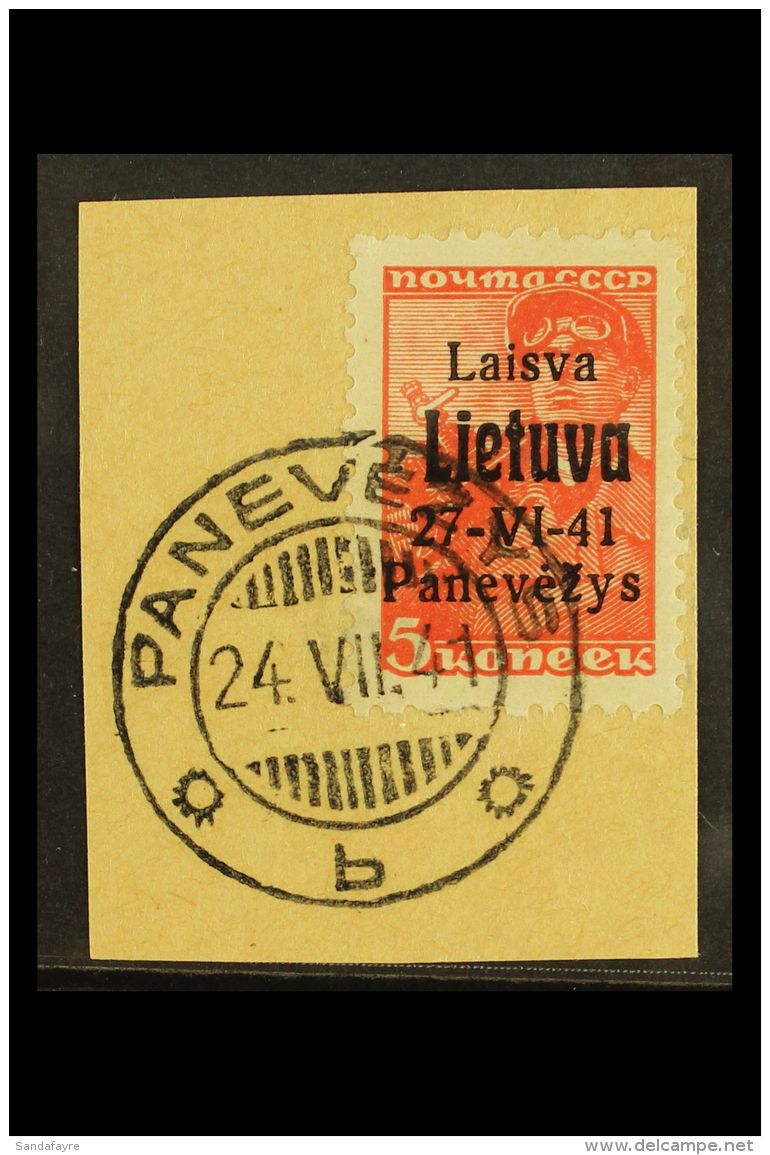 LITHUANIA. PONEWESCH 1941 5k Brownish Red With Black Overprint, Michel 4b, Very Fine Used Tied To Small Piece.... - Other & Unclassified