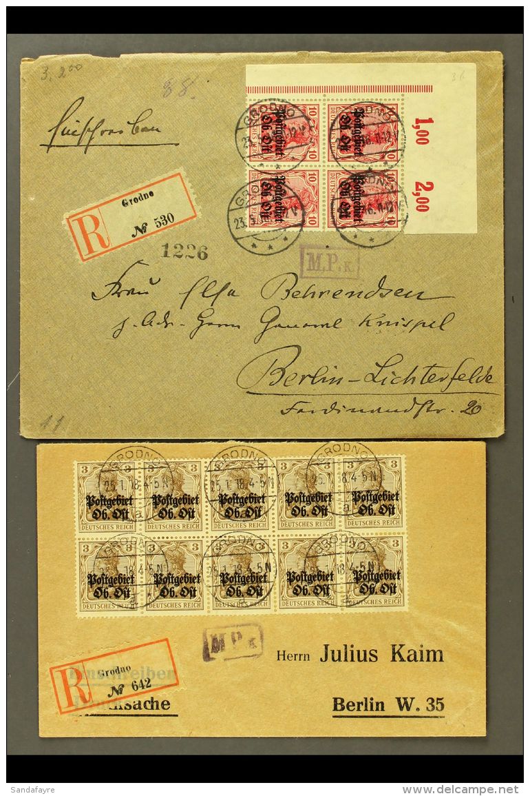 EASTERN MILITARY COMMAND AREA 1916-1918 Two Registered Covers Do Berlin, One Bearing 1916-18 10pf Corner Block Of... - Andere & Zonder Classificatie