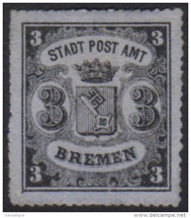 BREMEN 1864 3Gr Black On Blue Grey, Vertically Laid Paper, Rouletted 16, Michel 6x, Very Fine Unused, Signed... - Sonstige & Ohne Zuordnung