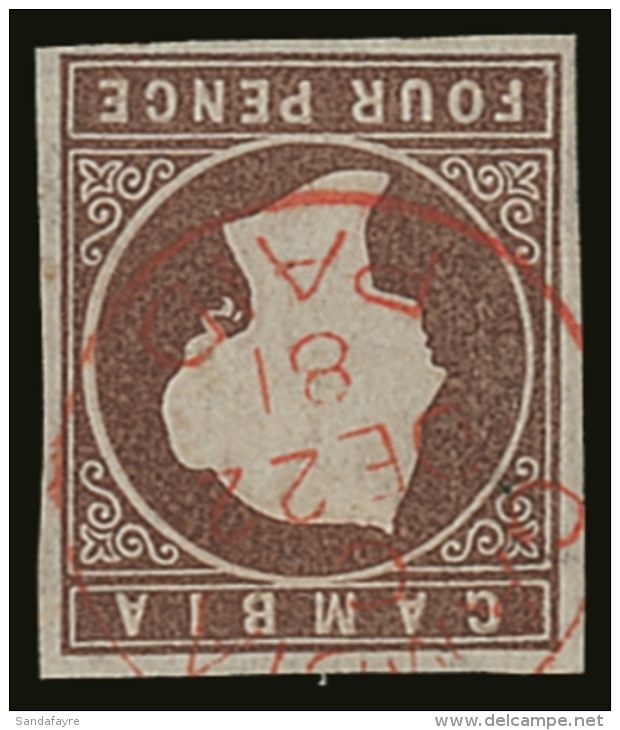 1874 4d Brown Imperf, WATERMARK INVERTED, SG 5w, Very Fine Used With 4 Margins &amp; Crisp Red Fully- Dated Cds. A... - Gambia (...-1964)