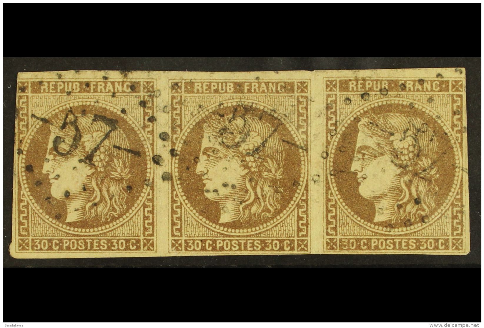 1870-71 30c Brown Bordeaux Issue, SG 175 (Yvert 47) Very Finely Used STRIP OF THREE With Fresh Colour &amp; Light... - Otros & Sin Clasificación