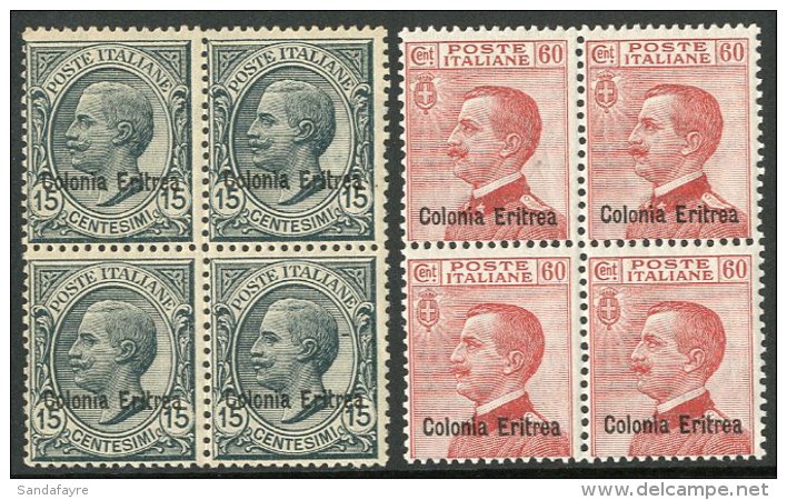 1918-1920 15c Grey And 60c Carmine Ovptd "Colonia Eritrea", Sass S9, Superb NHM Blocks Of 4. (8 Stamps) For More... - Eritrea