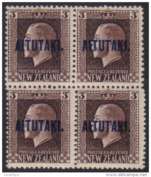 AITUTAKI 1918 3d Chocolate Mixed Perf (SG 16b) Never Hinged Mint BLOCK OF FOUR. For More Images, Please Visit... - Islas Cook