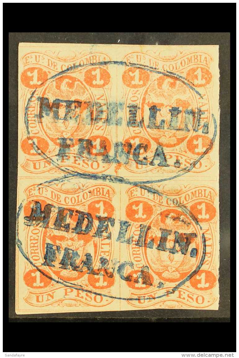 UNITED STATES OF COLOMBIA 1866 1p Vermilion, SG 48, Superb Used Block Of 4 With Margins All Round Cancelled With 2... - Kolumbien