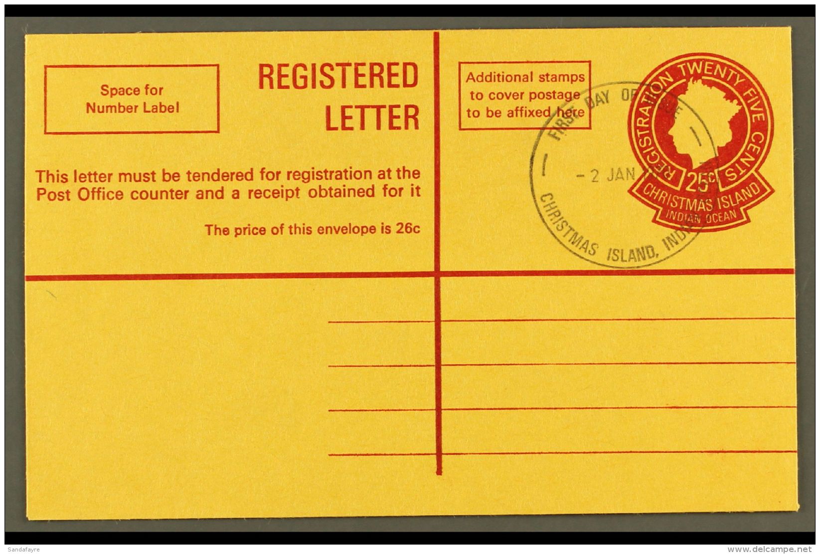 REGISTERED ENVELOPE 1970 25c Reg Env, Seven Seas RE2, Used With Large (37mm) FDI Cancel Of 2 Jan 1970. For More... - Christmaseiland