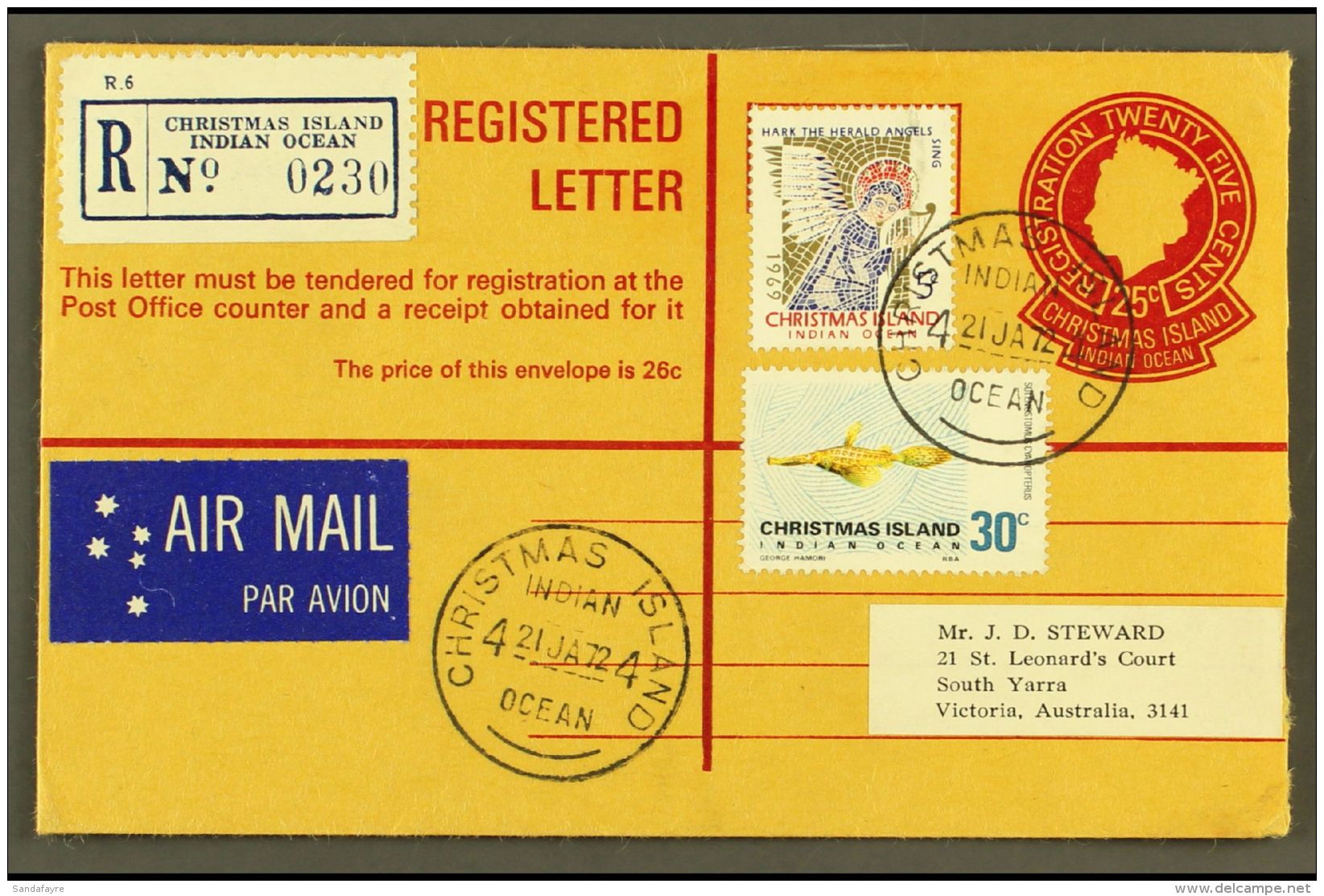 REGISTERED ENVELOPE 1972 25c Reg Env To South Yarra, Victoria Bearing Additional 30c Fish Defin And 4c Xmas, These... - Christmaseiland