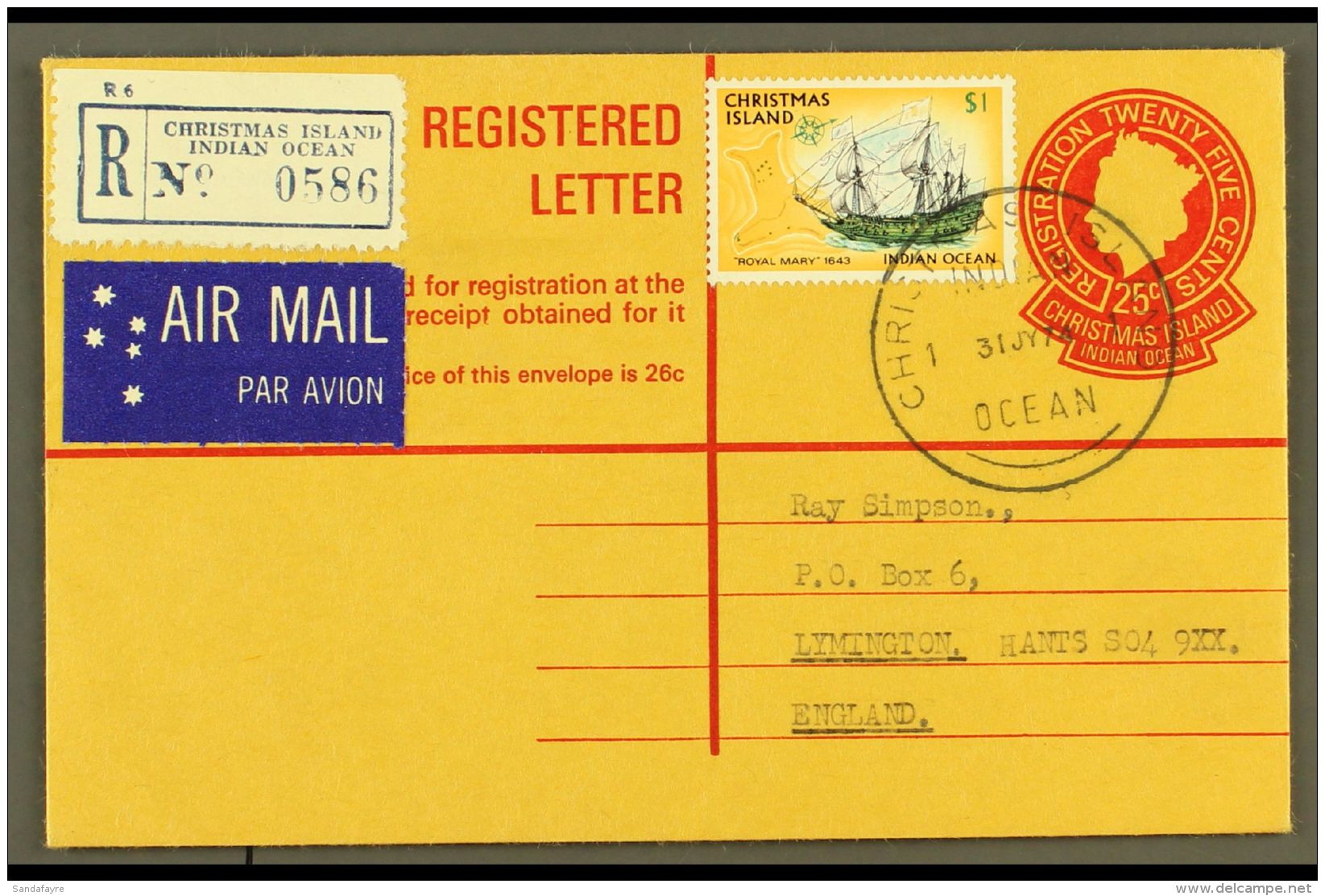 REGISTERED ENVELOPE 1974 25c Reg Env To Lymington, England Bearing Additional $1 Ship Definitive, These Tied By... - Christmaseiland