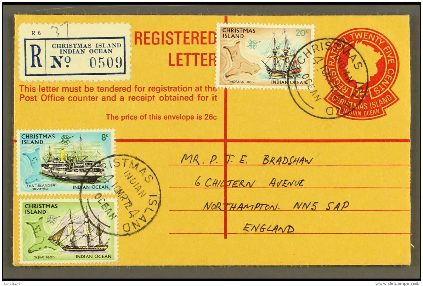 REGISTERED ENVELOPE 1972 25c Reg Env To Northampton, England, Uprated With 7c, 8c, And 20c Ship Definitives, These... - Christmaseiland