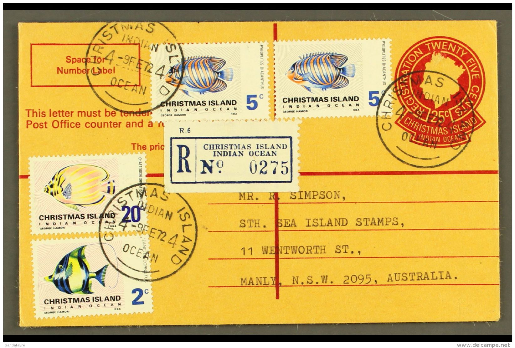 REGISTERED ENVELOPE 1972 25c Reg Env To NSW Bearing Additional 2c, 5c X2, And 20c Fish Definitives, These All Tied... - Christmas Island