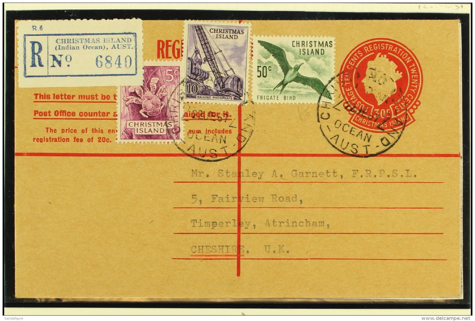 REGISTERED ENVELOPE 1967 30c Reg Env To Timperley, Cheshire Uprated With Christmas Island 5, 10c, And 50c... - Christmas Island