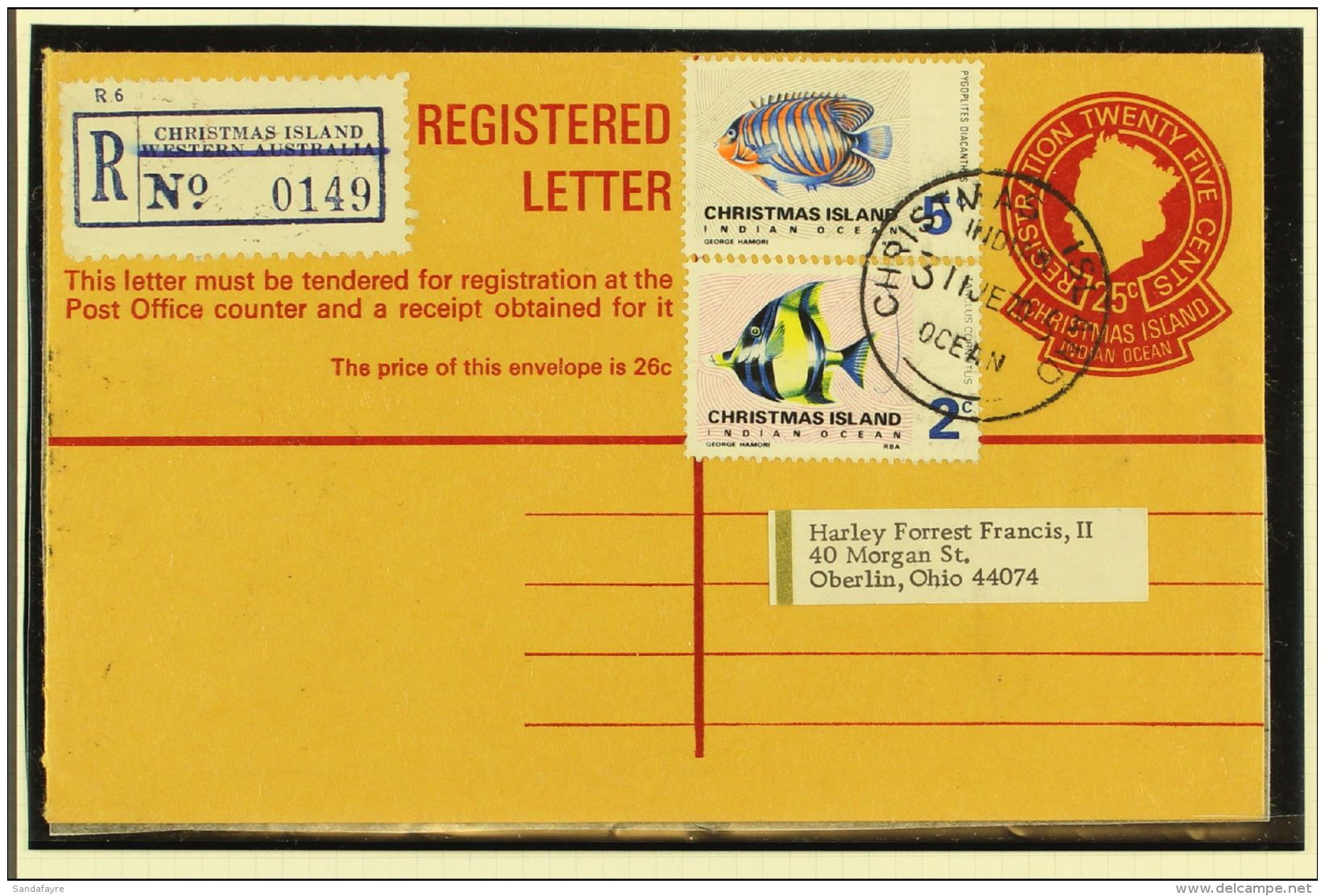 REGISTERED ENVELOPE 1970 25c Reg Env To Ohio, USA, Uprated With 2c And 5c Fish Definitives Tied By Christmas... - Christmaseiland