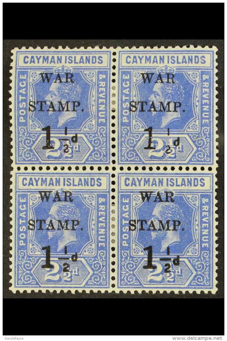 1917 WAR STAMP 1&frac12;d On 2&frac12;d Deep Blue, Mintg Block Of 4, Top Right Stamp Showing The Variety "no... - Kaaiman Eilanden