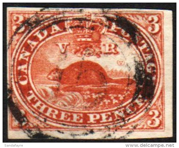 1857 3d Red Imperf Beaver On Machine-made Wove Paper, SG 18, Fine Used With Four Clear To Large Margins, And With... - Altri & Non Classificati