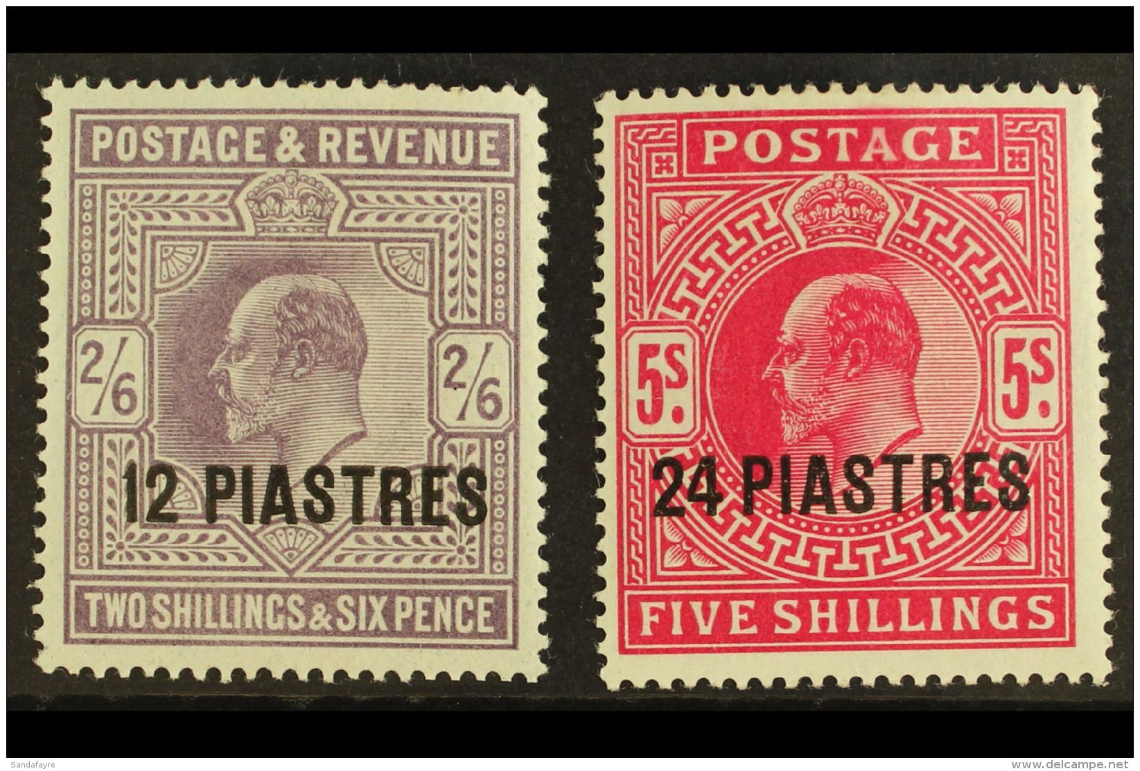 1902 - 05 12pi On 2s6d Lilac And 24pi On 5s Bright Carmine, SG 11/12, Very Fine And Fresh Mint. (2 Stamps) For... - British Levant