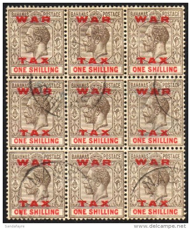 1919 WAR TAX Opt On 1s Black And Carmine, SG 104, Very Fine Cds Used Block Of Nine. Attractive Display Piece. For... - Altri & Non Classificati