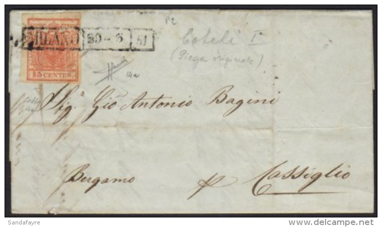 LOMBARDY-VENETIA 1851 Cover To Bergamo Franked 15c Type 1 On Ribbed Paper, Sass 14a, (Mi 3XR), Tied By Boxed Milan... - Andere & Zonder Classificatie