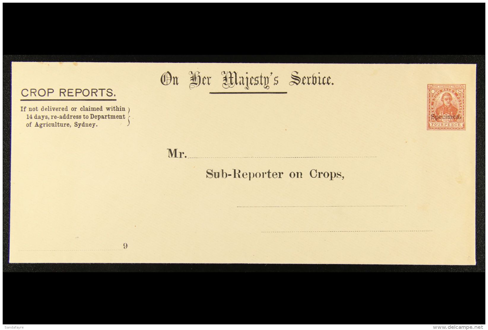 NEW SOUTH WALES 1891 4d "Crop Reports" Envelope, H&amp;G 13, With "Specimen" Opt, Unused With A Couple Of Tiny... - Otros & Sin Clasificación