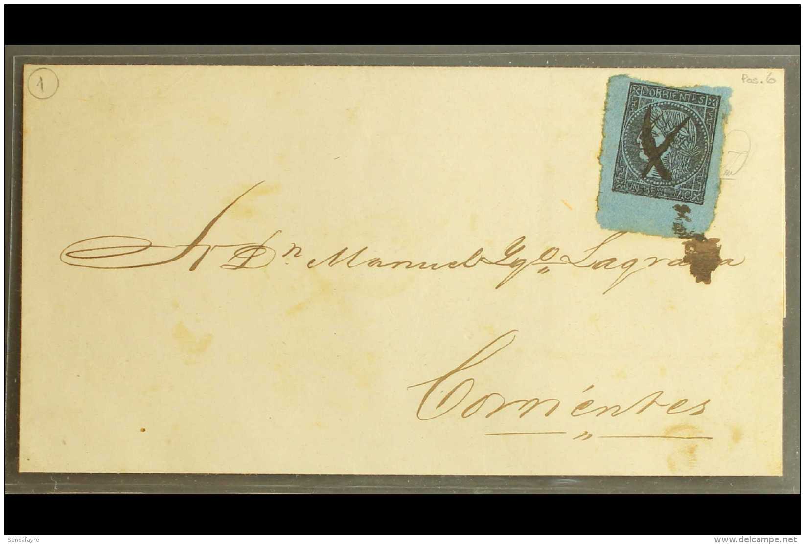 CORRIENTES 1856. 1r Black/blue On Letter Sheet, Cancelled By Pen Cross &amp; Ink Mark Of The Types Used In Esquina... - Sonstige & Ohne Zuordnung