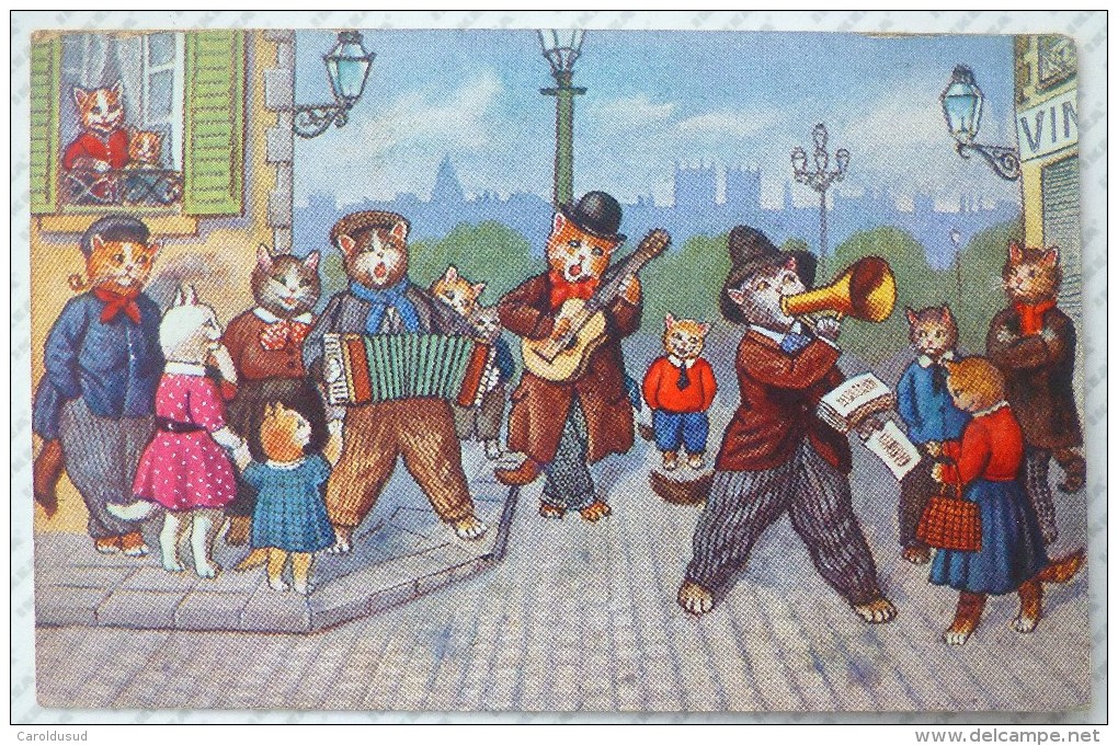 CPA Litho Illustrateur SSS Allemagne Chat Chats Humanisé Musicien Dans Rue Et Haut Parleur - Animaux Habillés