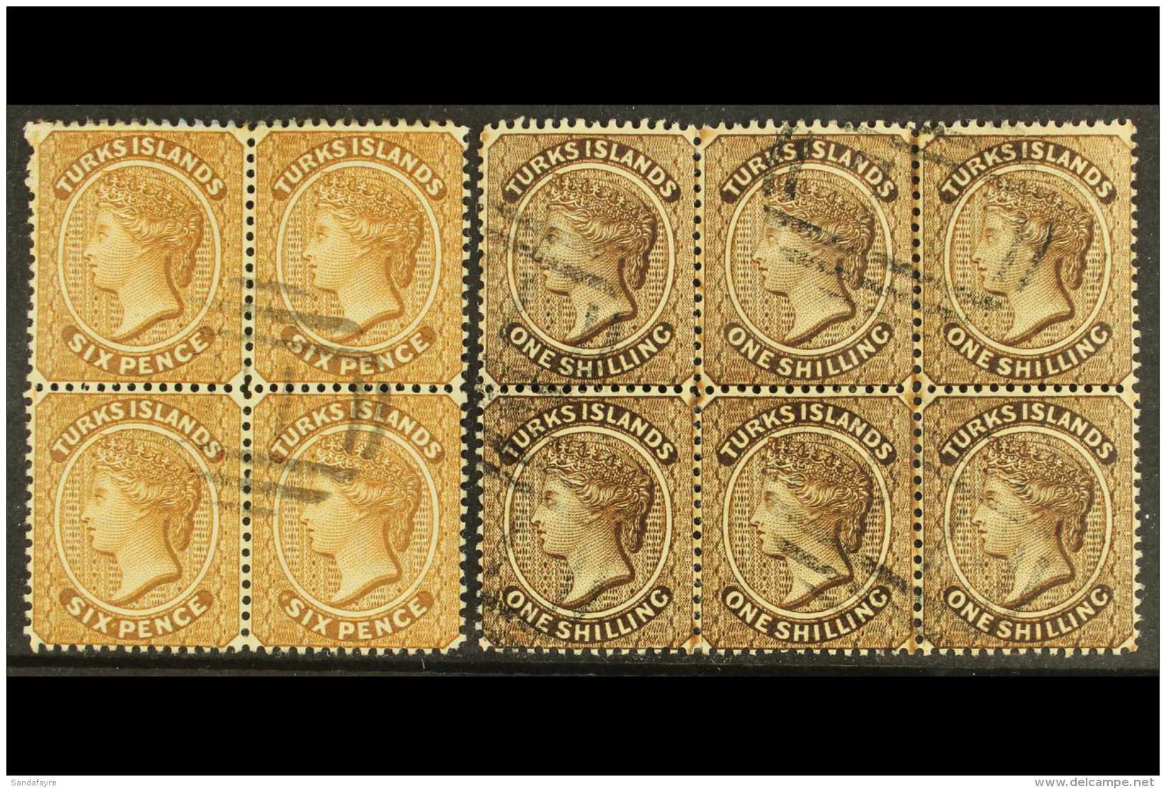 1887-89 6d (SG 59) BLOCK Of 4 &amp; 1s (SG 60) BLOCK Of 6, Vfu (10) For More Images, Please Visit... - Turcas Y Caicos