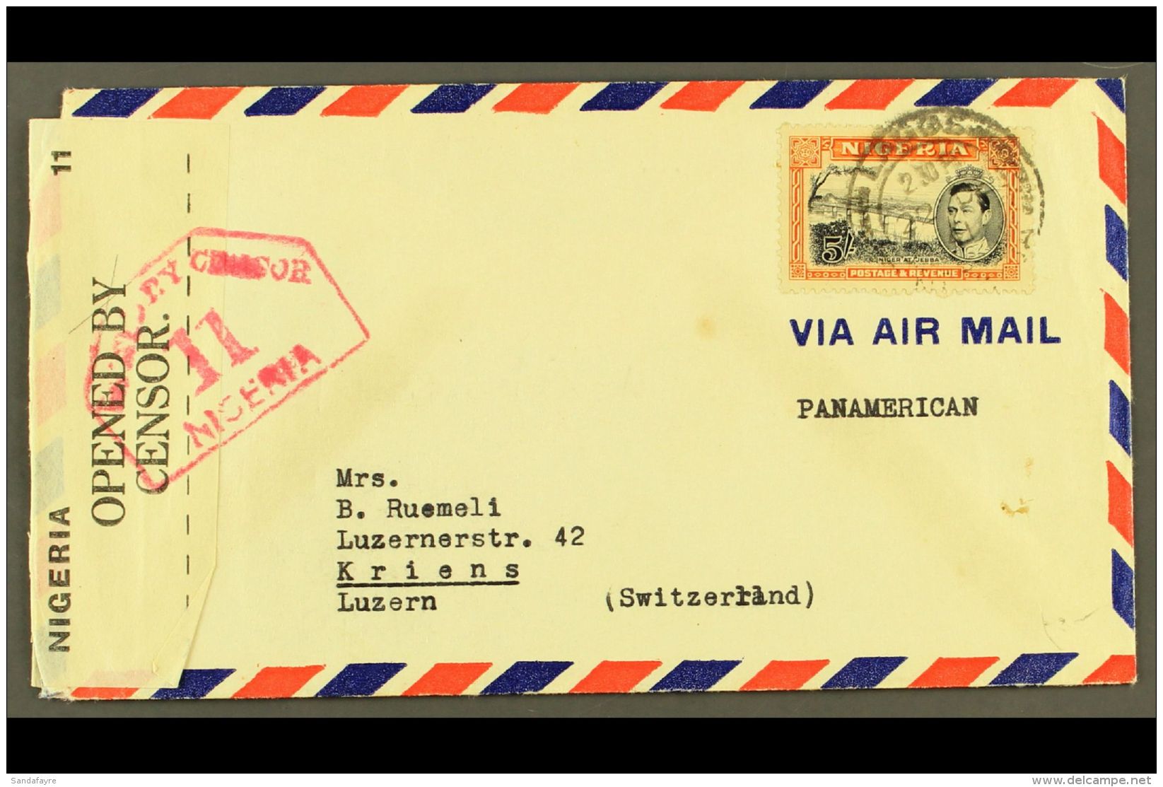1941 Censor Air Cover To Switzerland Bearing 5s P13x11&frac12;, SG 59 For More Images, Please Visit... - Nigeria (...-1960)