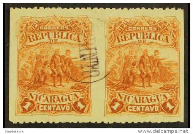1892 1c Columbus (Sc 40) Horiz Pair, Imperf Vertically, VFU. For More Images, Please Visit... - Nicaragua