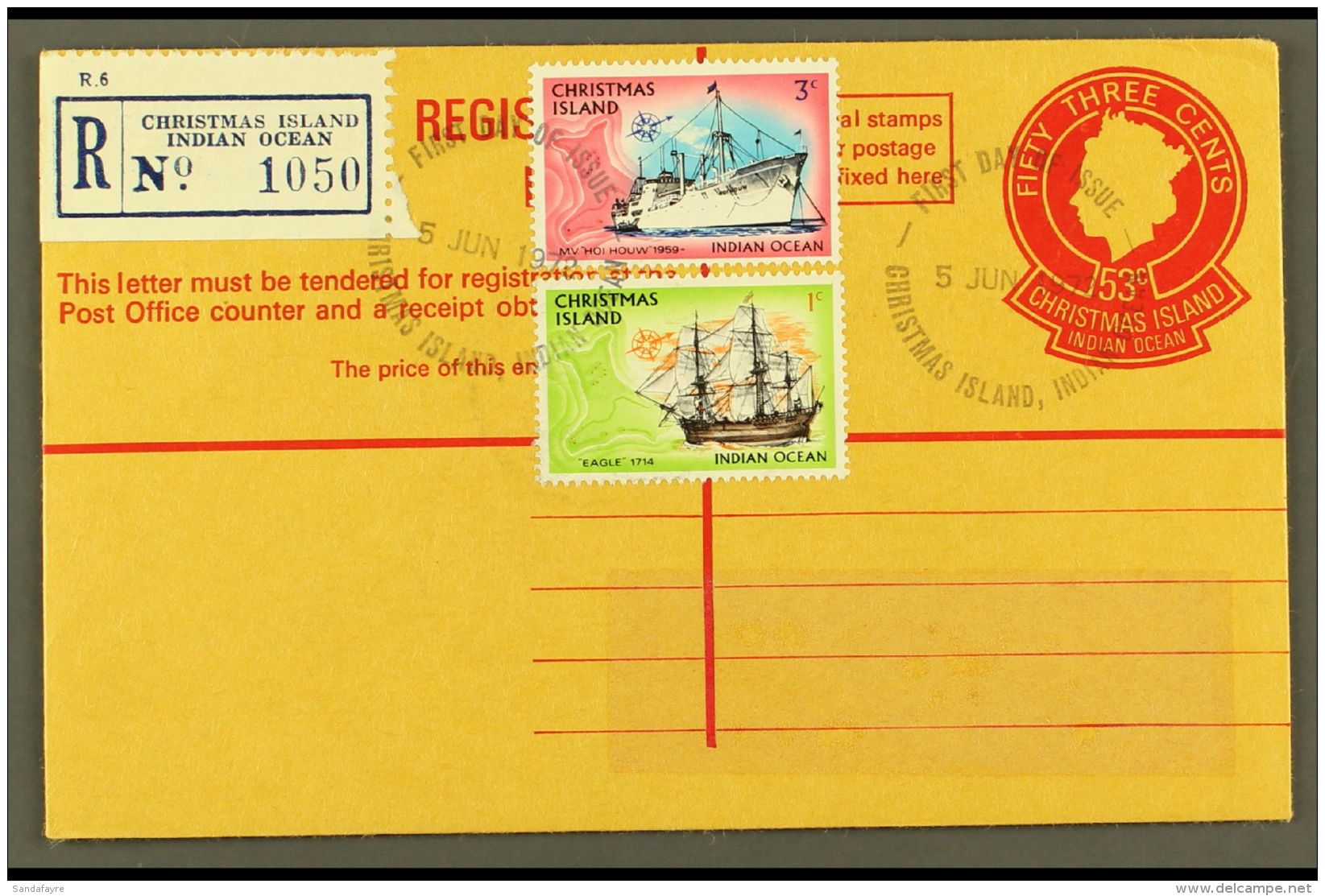 1972 53c Reg Env Uprated 3c And 1c Ship Defins, Tied FDI Cancels For More Images, Please Visit... - Christmaseiland
