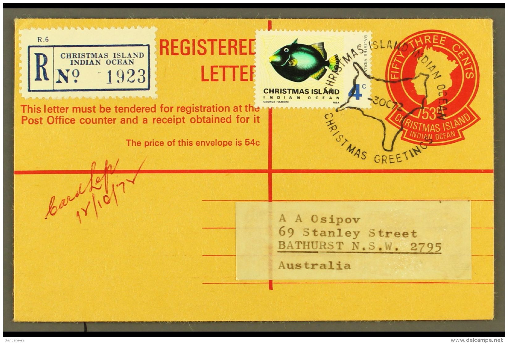 1972 53c Reg Env To NSW Uprated 4c Fish, Tied Xmas Greetings Canc For More Images, Please Visit... - Christmas Island