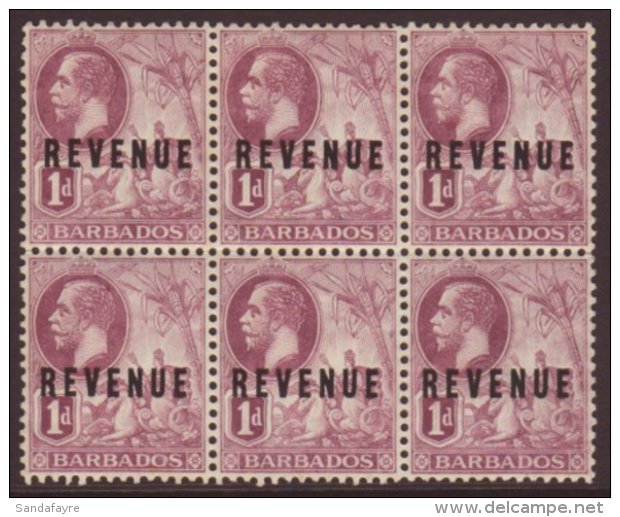 REVENUES 1916 1d Violet Opt, Ba 16, Vfm (four NHM) BLOCK Of 6 For More Images, Please Visit... - Barbados (...-1966)
