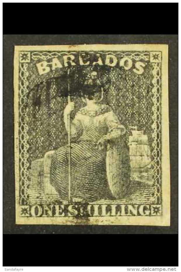 1858 1s Black, SG 12a, 4 Margins, Fine Used. For More Images, Please Visit... - Barbados (...-1966)