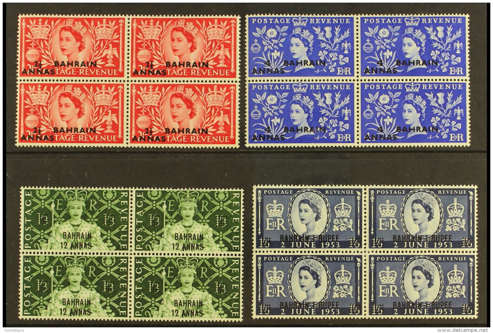 1953 Coronation Set In Blocks Of 4 SG 90/3 NHM (4 Blks) For More Images, Please Visit... - Bahrein (...-1965)