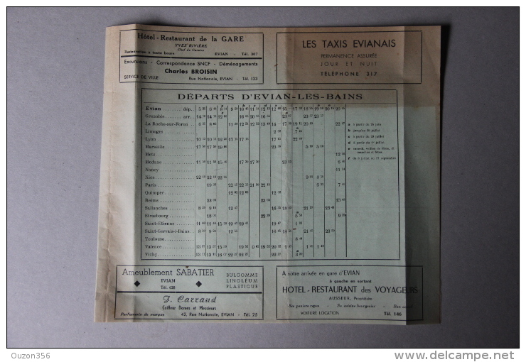 HORAIRES SNCF, Départs Et Arrivées Des Trains Evian-les-Bains (Haute-Savoie), Horaires Bateaux, 1950 - Europa