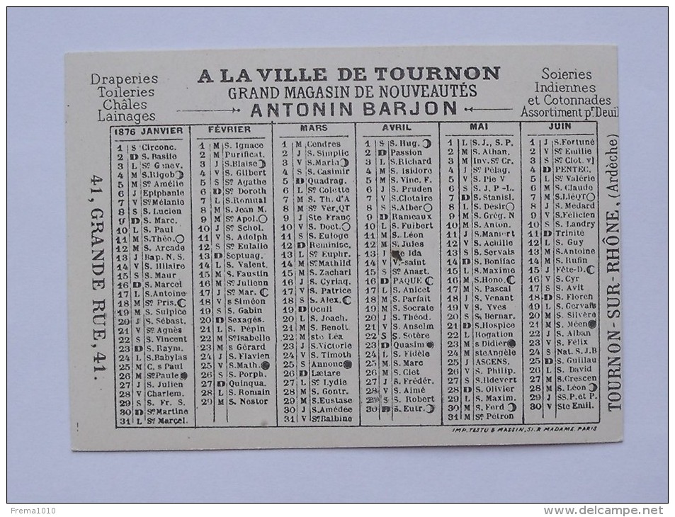 CHROMO: Jeu D´enfant Avec Bateau - Verso Calendrier 1er Semestre 1876 - Magasin Ville De TOURNON - TESTU & MASSIN) - Other & Unclassified