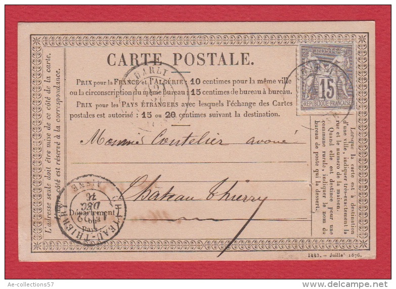 Carte Postale  --  Pour Châteaux Thierry  --  22 Dec 1876 - Cartes Précurseurs