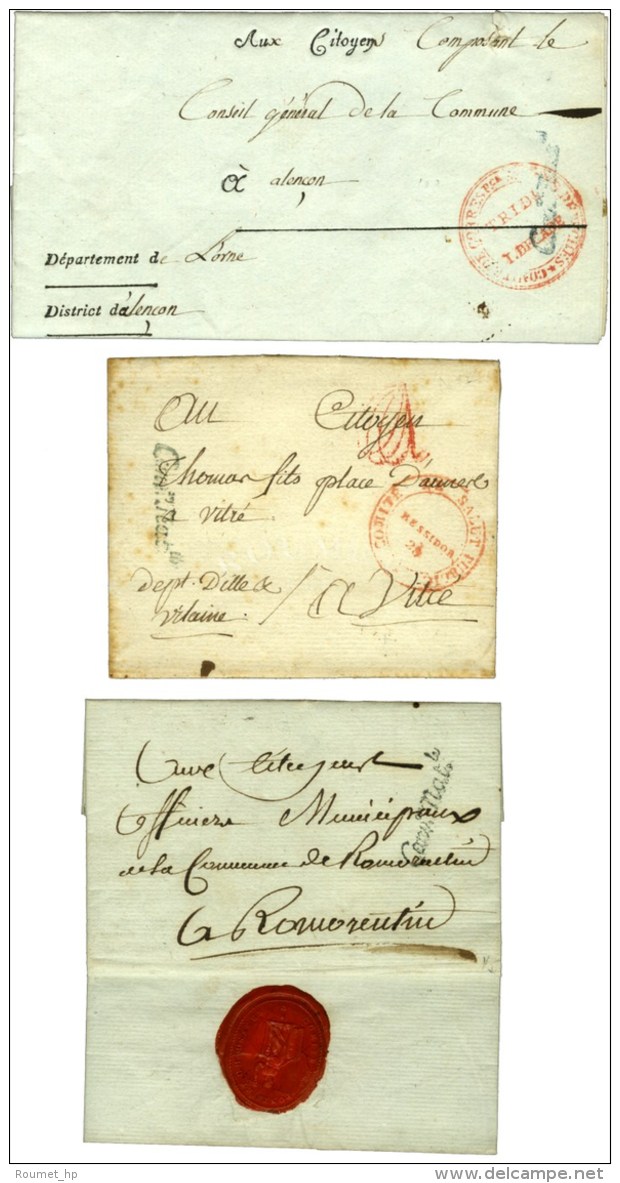 Lot De 3 Lettres De La Convention Nationale Dont Cachet De Cire Du Comité Des Ponts Et Chaussées Et... - Lettres Civiles En Franchise