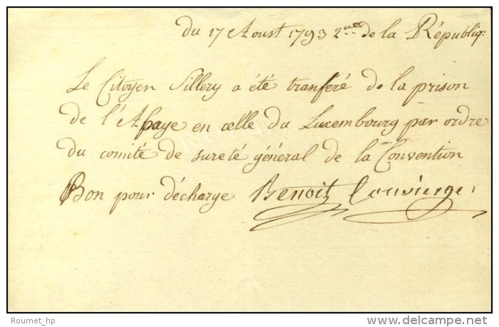 Document De La Prison De L'Abbaye Signé Du Concierge Benoit Daté Du 17 Août 1793. - TB. - R. - Lettres Civiles En Franchise