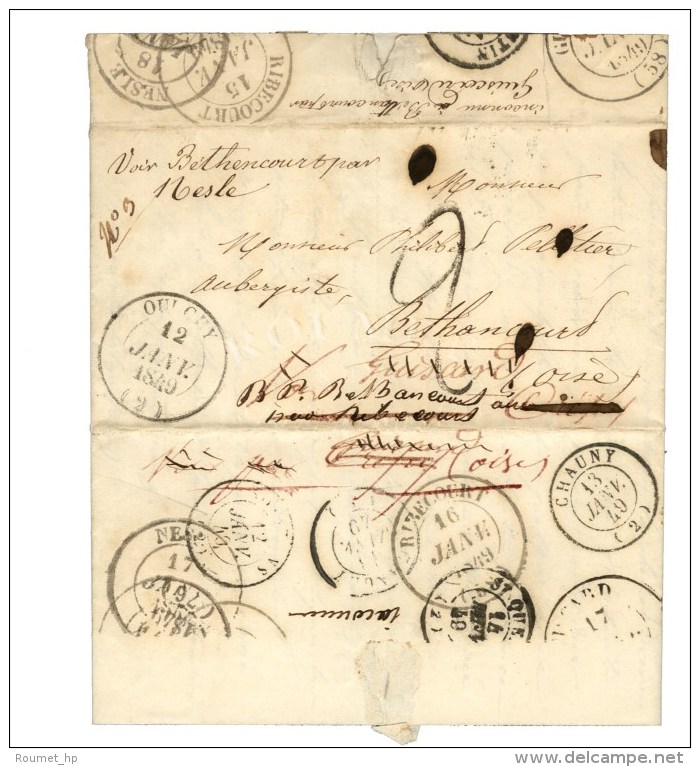 Càd T 14 OULCHY (2) 12 JANV. 1849, Taxe Tampon 2 Sur Lettre Avec De Nombreuses Réexpéditions.... - 1859-1959 Lettres & Documents