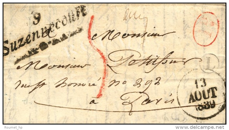 9 / Suzennecourt + B. Rur L 'Biernes', Décime Rural Rouge Et Taxe Tampon 5 Rouge. 1839. - SUP. - 1859-1959 Lettres & Documents
