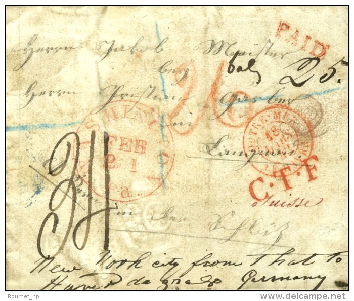 Càd Rouge WASHINGTON 21 FEB. (1842) + Griffe PAID Sur Lettre Pour La Suisse. Cachet Rouge D'entrée... - Autres & Non Classés