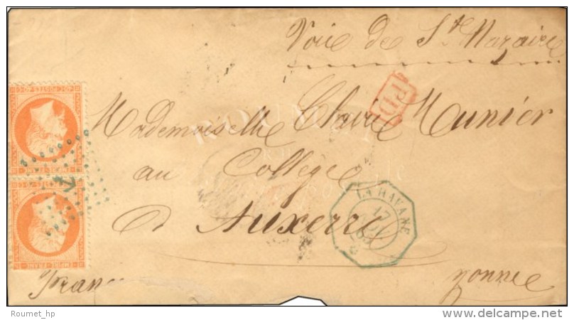 Ancre Bleue / N° 23 Paire Verticale Càd Octo Bleu LA HAVANE * Sur Lettre Pour Auxerre. 1865. (Rare En... - Poste Maritime