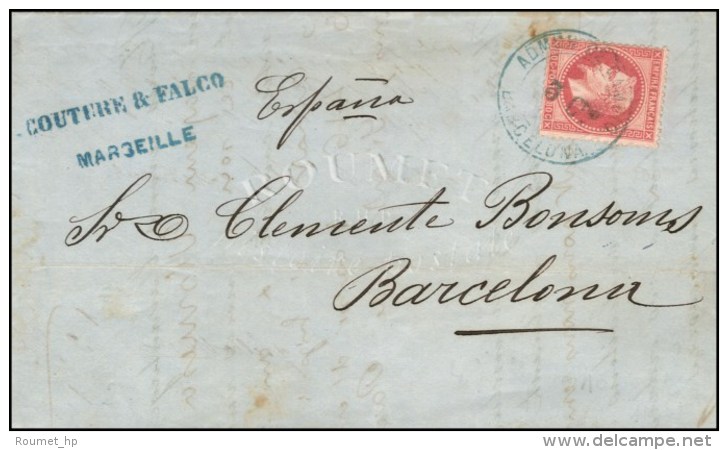 Cachet Bleu ADMON. DE CAMBIO / 3 CT / BARCELONA / N° 32 Sur Lettre 2 Ports De Marseille Pour Barcelone. 1872. -... - Poste Maritime