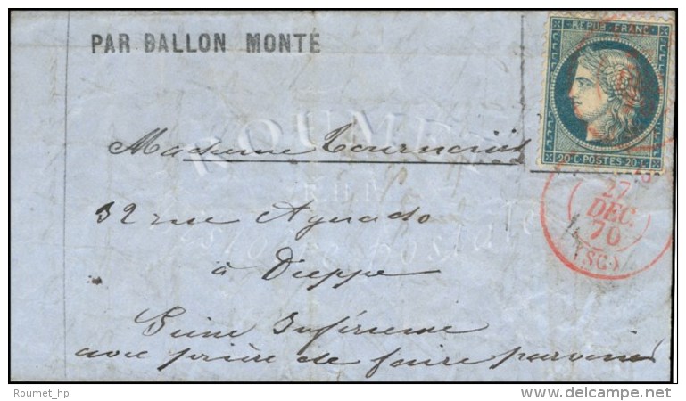 Càd Rouge PARIS SC 27 DEC. 70 / N° 37 (Càd Répété) Sur Lettre PAR BALLON... - Guerre De 1870