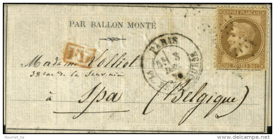 Etoile 1 / N° 30 Càd PARIS / PL. DE LA BOURSE 3 DEC. 70 Sur Ballon La Cloche Pour Spa (Belgique).... - Guerre De 1870