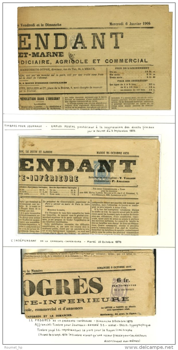 Lot De 3 Journaux Dont 1c Type Blanc Obl Typo Et Timbre Journal N° 7 Et 8 Tous Deux Postérieurs Au 5... - 1859-1959 Lettres & Documents
