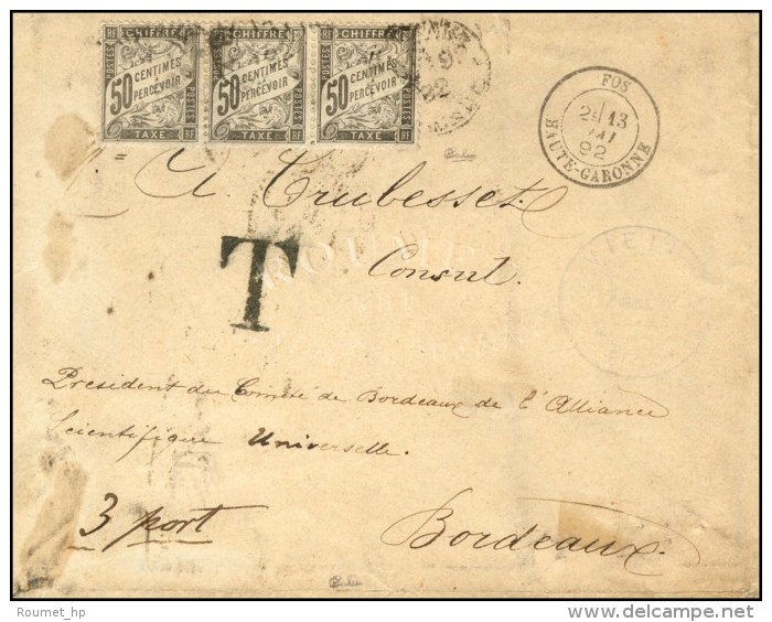 Càd BORDEAUX / Taxe N° 20 (bande De 3) Sur Lettre Espagnole En Triple Port Non Affranchie. Combinaison... - 1859-1959 Lettres & Documents