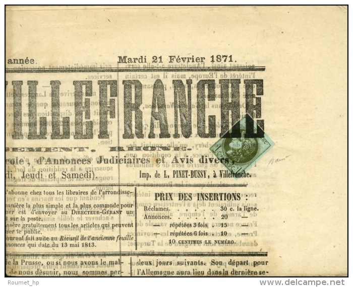 Oblitération Typo / N° 39 Sur Le Journal De Villefranche. 1871. - TB. - R. - 1870 Emission De Bordeaux