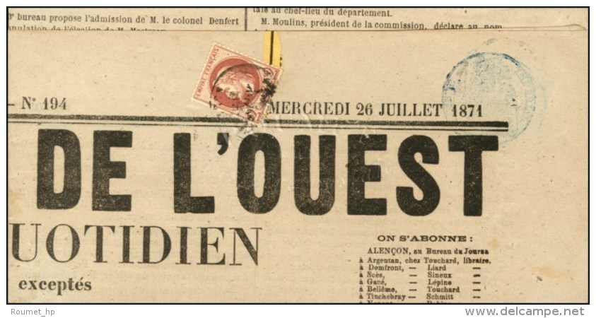 Càd / N° 26 + Timbre Humide Bleu à 2c. Sur Le Journal Le Courrier De L'Ouest Du 26 Juillet 1871.... - 1863-1870 Napoléon III Lauré